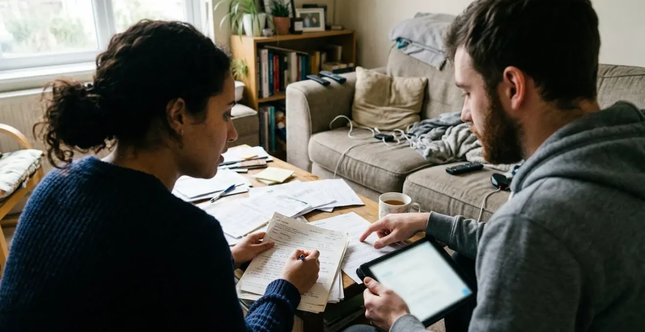 Un couple assis sur un canapé examine des documents et un écran de tablette dans leur salon baigné de lumière naturelle