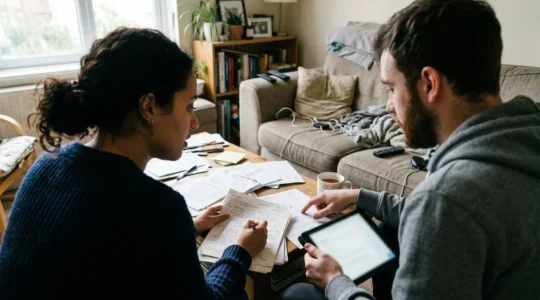 Un couple assis sur un canapé examine des documents et un écran de tablette dans leur salon baigné de lumière naturelle