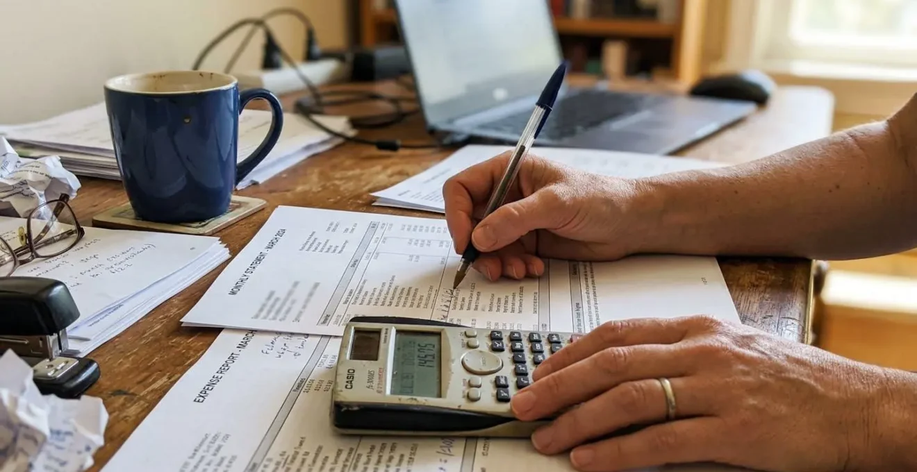 Des mains tiennent une calculatrice et un stylo au-dessus de documents financiers sur un bureau légèrement encombré avec une tasse de café