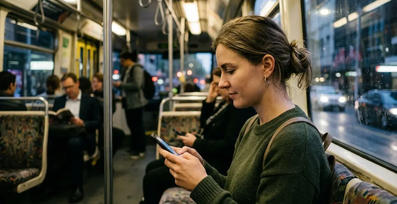 Une personne de profil regarde son téléphone avec concentration assise dans un transport en commun