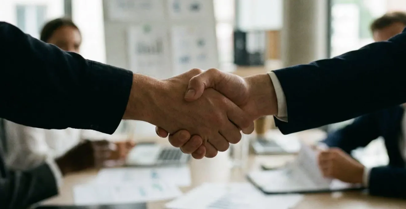 Deux personnes se serrent la main dans un bureau avec des documents flous en arrière-plan