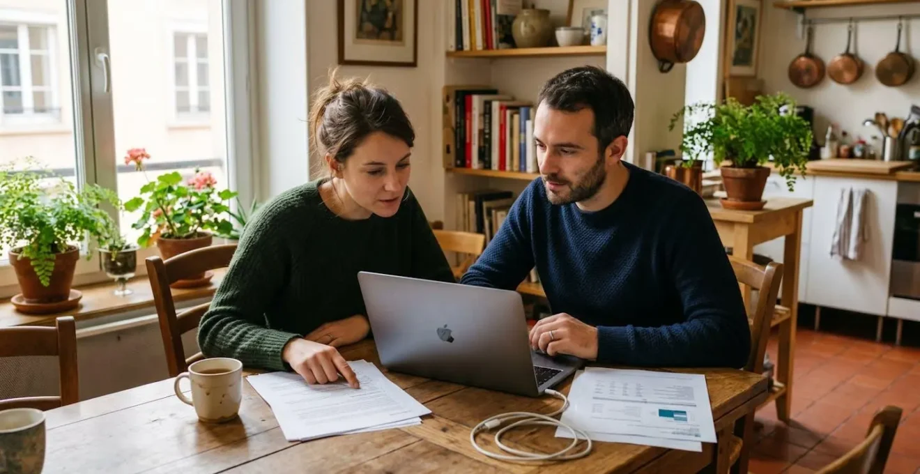 Couple en train d'analyser des documents de prêt immobilier à leur domicile