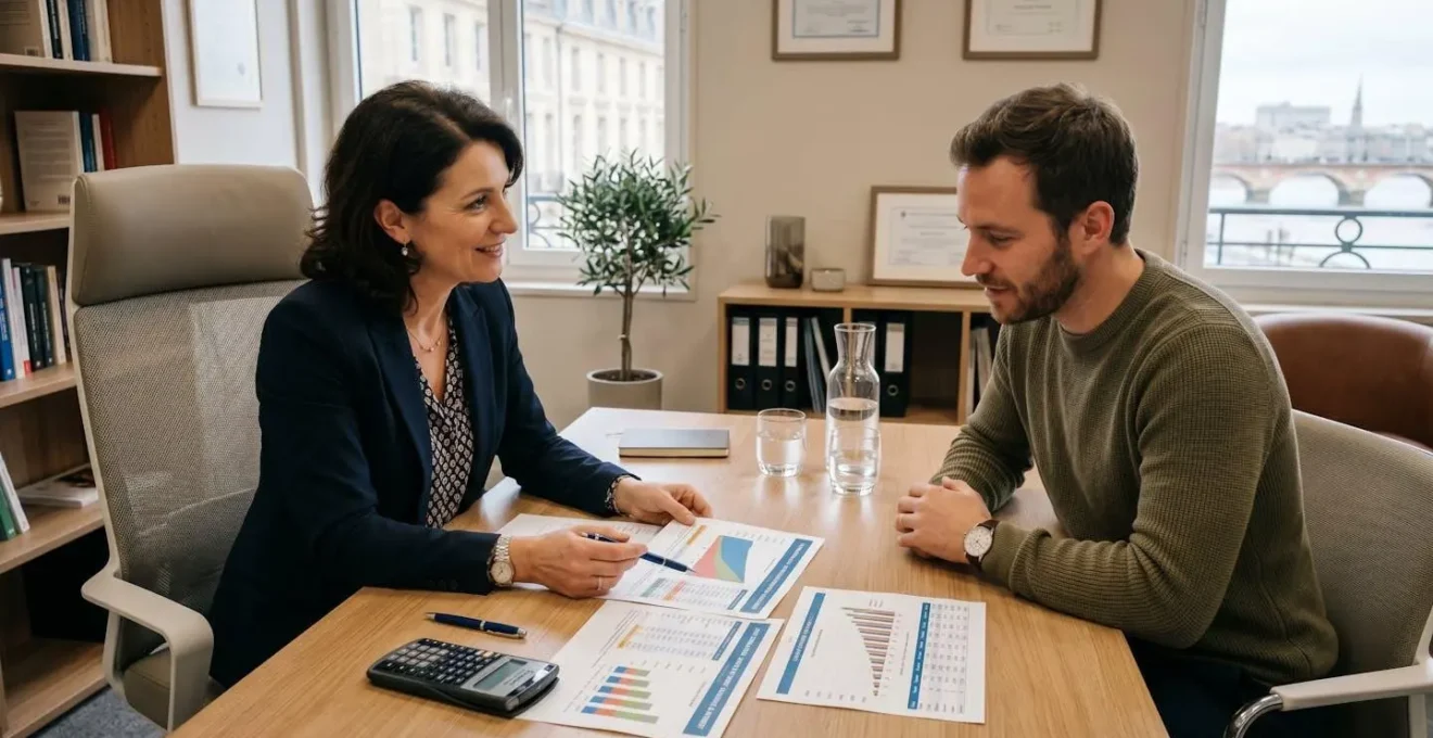 Un conseiller financier présente une simulation de prêt immobilier à un client dans un bureau bordelais