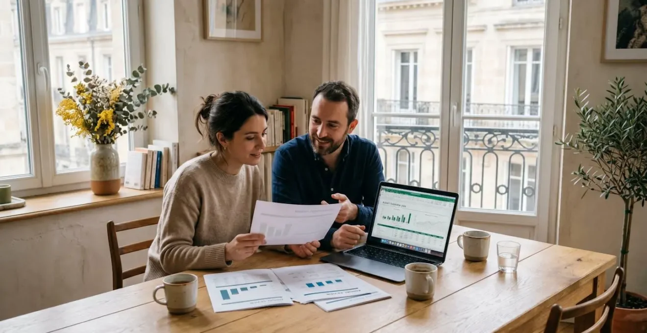 Un couple consulte des documents de financement immobilier dans un appartement lumineux à Bordeaux