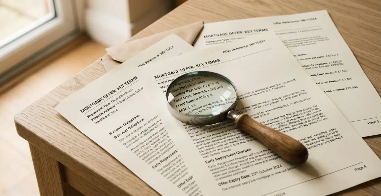 Des documents d'offre de prêt immobilier posés sur une table, avec une loupe sur la ligne TAEG