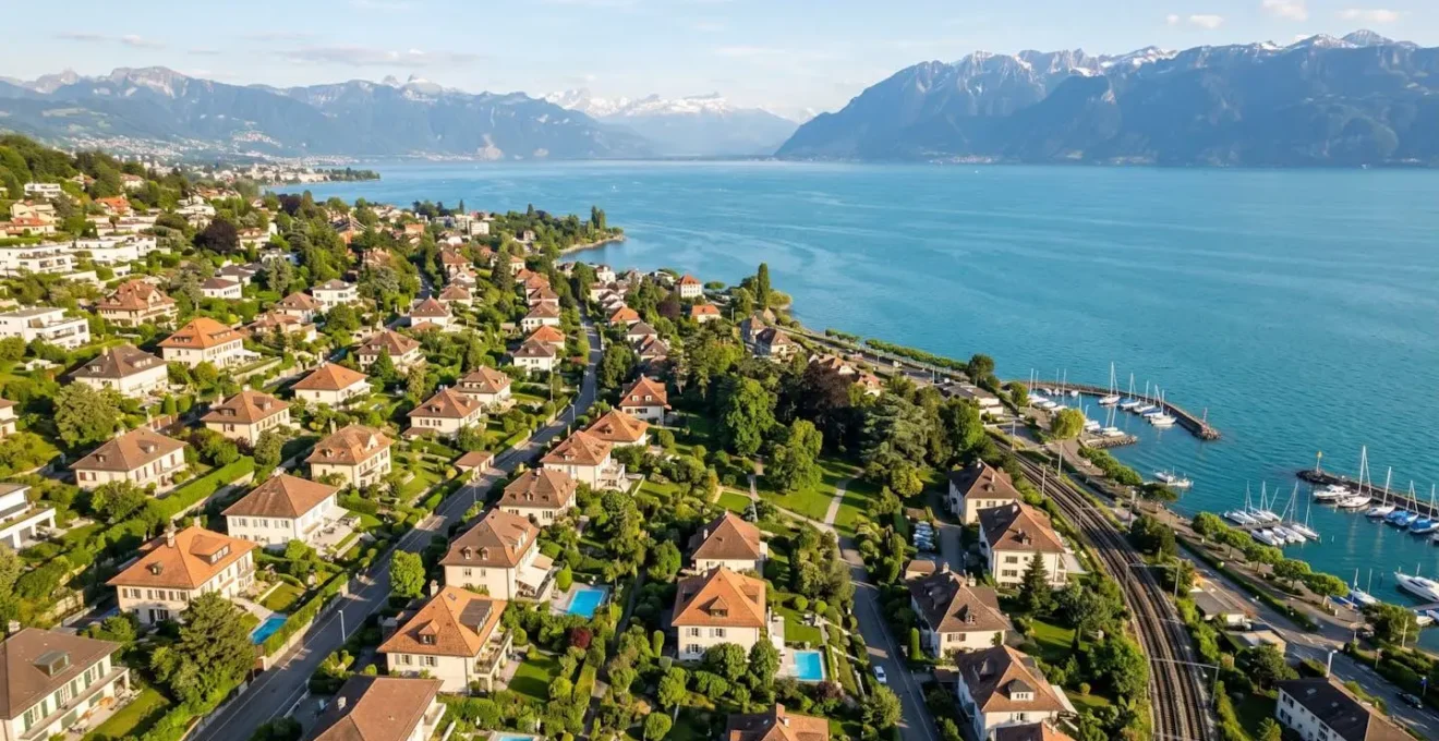 Vue aérienne d'un quartier résidentiel en Suisse romande avec villas et jardins au bord du lac Léman