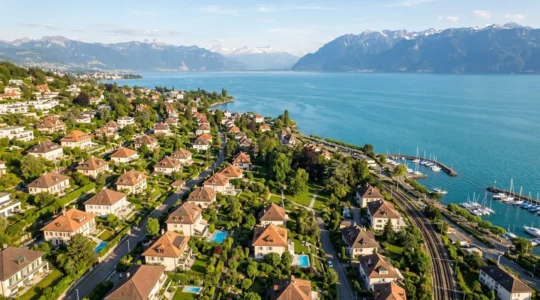 Vue aérienne d'un quartier résidentiel en Suisse romande avec villas et jardins au bord du lac Léman