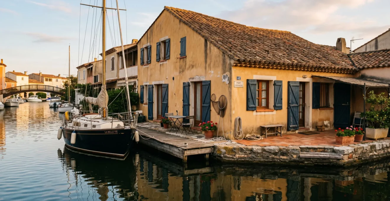 Maison de pêcheur colorée à Port Grimaud avec ponton privé et bateau amarré sur le canal