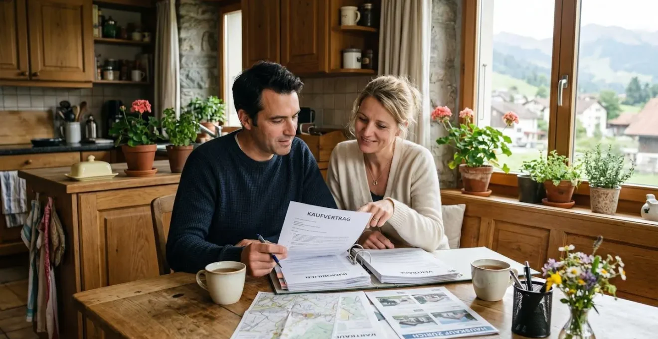 Couple de propriétaires vaudois consultant des documents d'évaluation immobilière à leur domicile