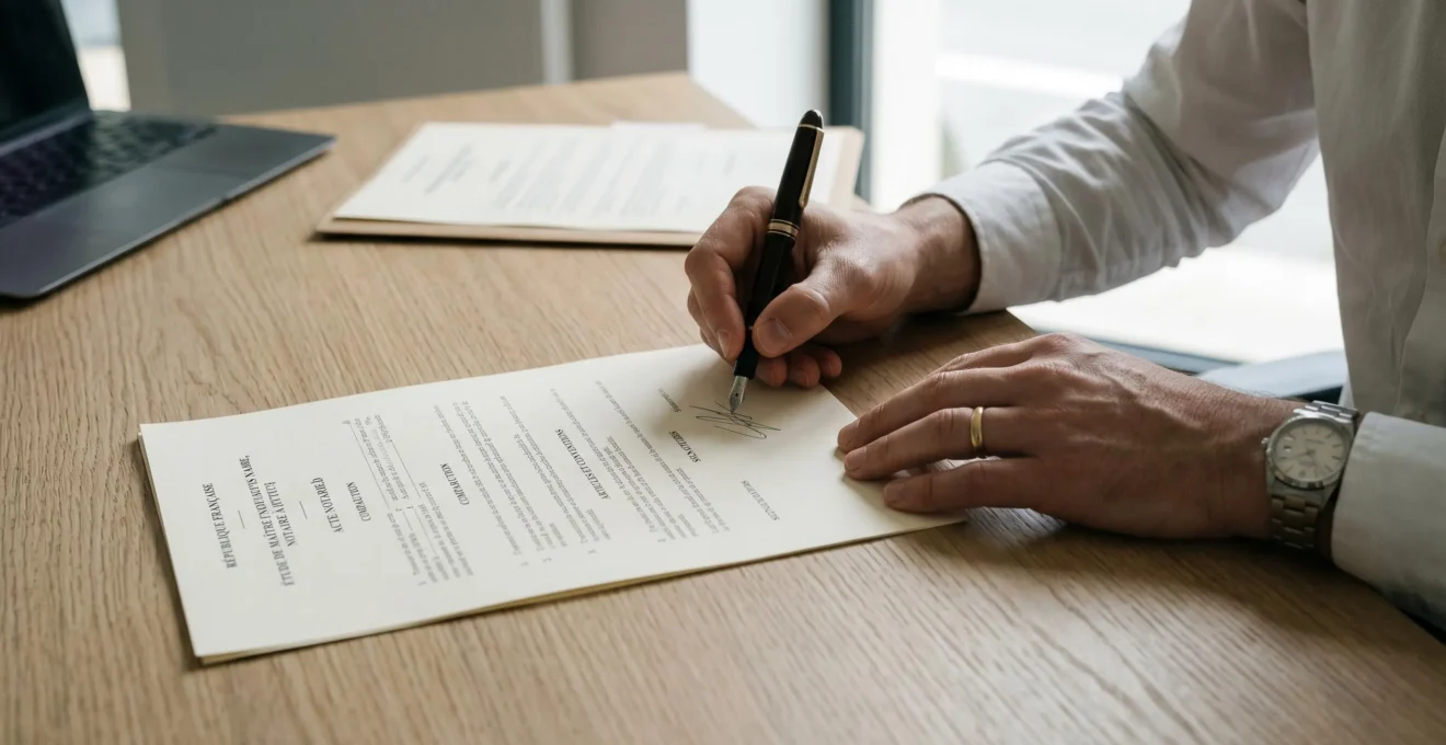 Signature d'un acte notarié sur un bureau lors d'une acquisition immobilière
