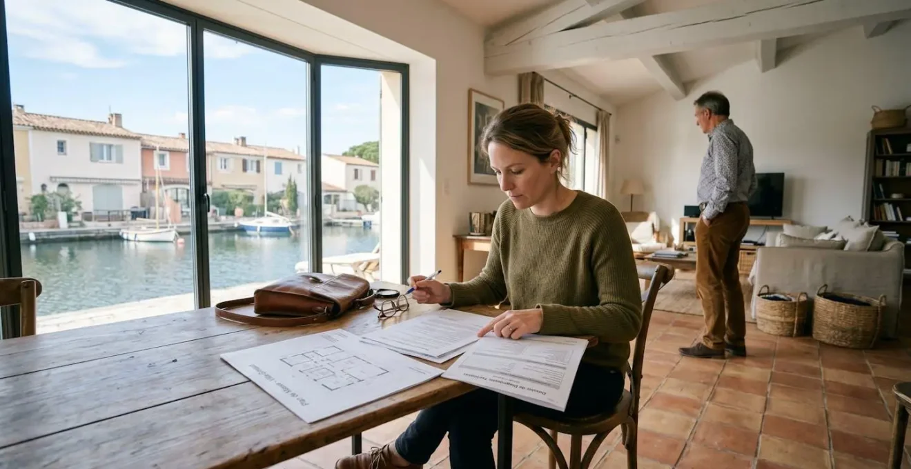 Visite immobilière à Port Grimaud avec consultation de documents techniques dans une maison lumineuse donnant sur canal
