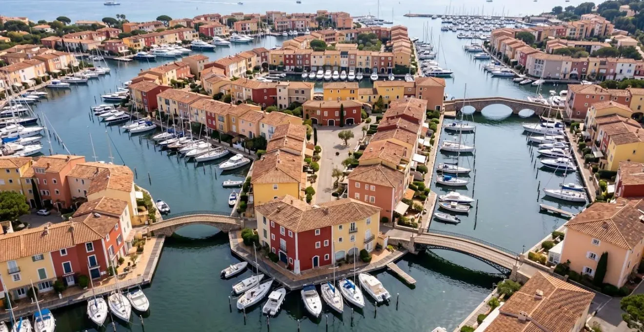 Vue aérienne de Port Grimaud montrant les canaux, maisons colorées et amarrages privés de la cité lacustre