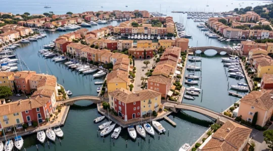 Vue aérienne de Port Grimaud montrant les canaux, maisons colorées et amarrages privés de la cité lacustre